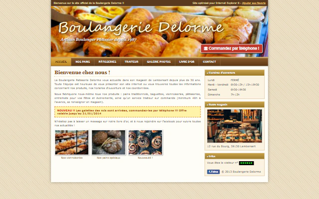 Ancienne page d'accueil d'une boulangerie : site daté de 2013